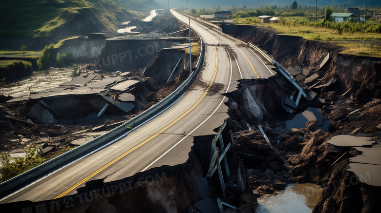 地震后毁坏的道路场景特写图片