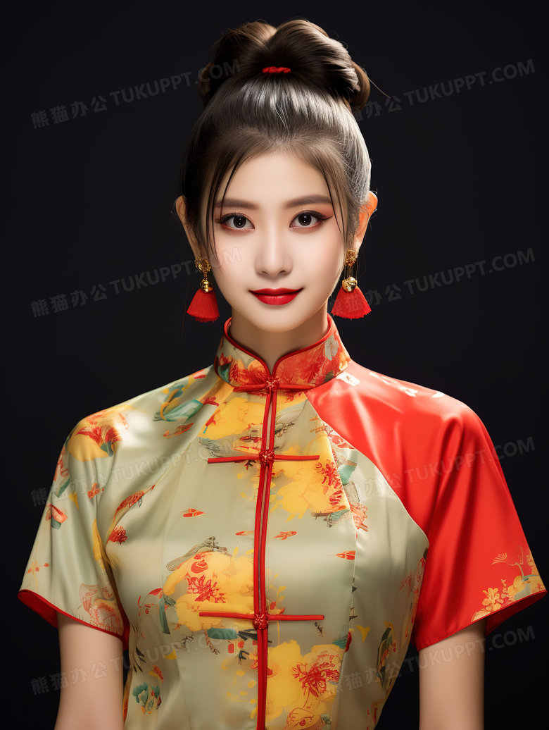 身穿改良旗袍的时尚美女特写图片