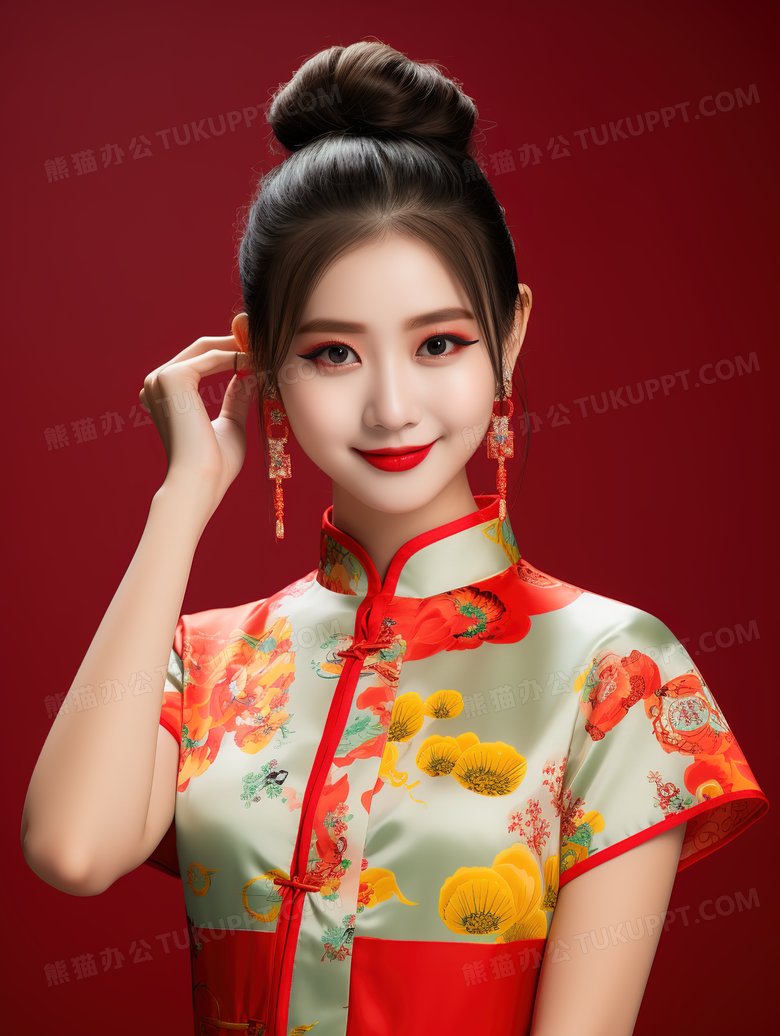 身穿改良旗袍的时尚美女特写图片