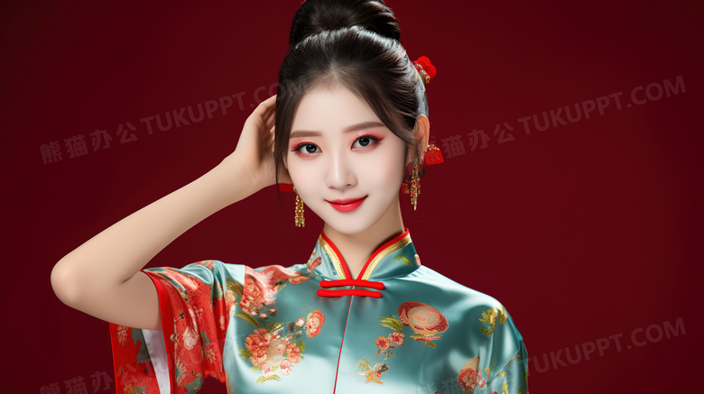 身穿改良旗袍的时尚美女特写图片