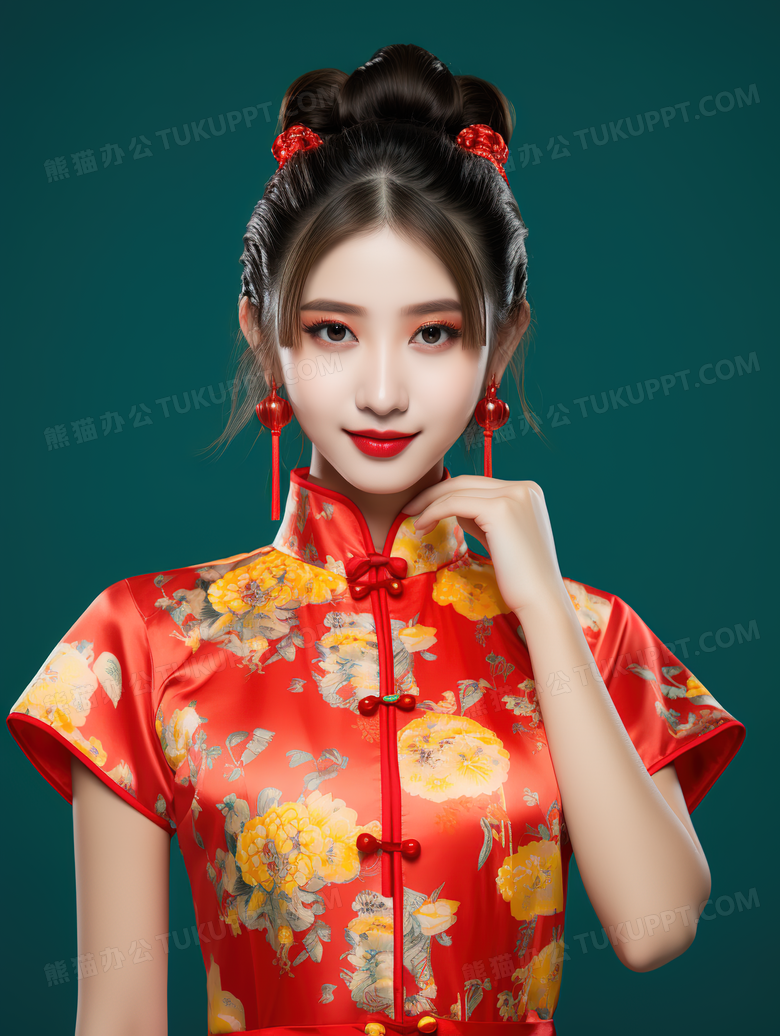 身穿改良旗袍的时尚美女特写图片