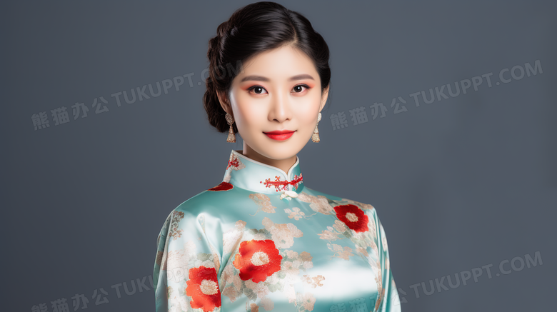 身穿中式改良旗袍礼服的美女模特特写图片