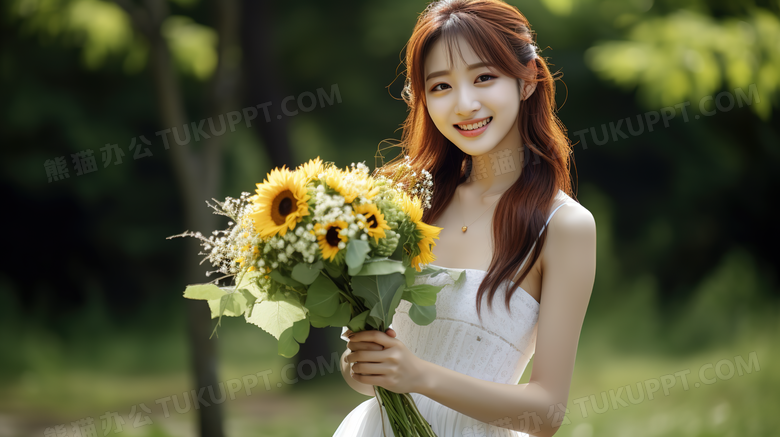 女孩拿着向日葵花束开心的笑特写图片