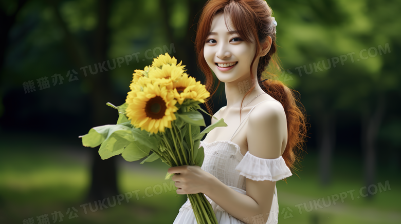 女孩拿着向日葵花束开心的笑特写图片