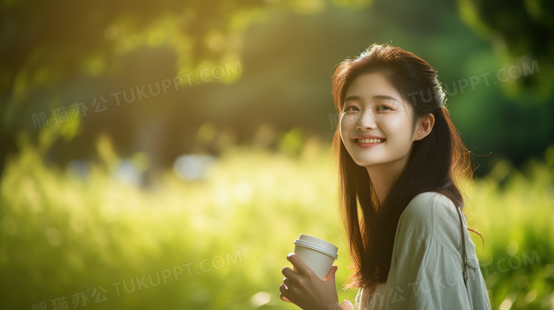 公园里女孩拿着咖啡开心的笑特写图片