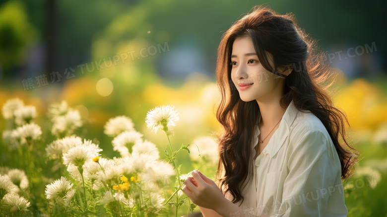 美丽的长发女孩坐在花丛中开心的笑特写图片