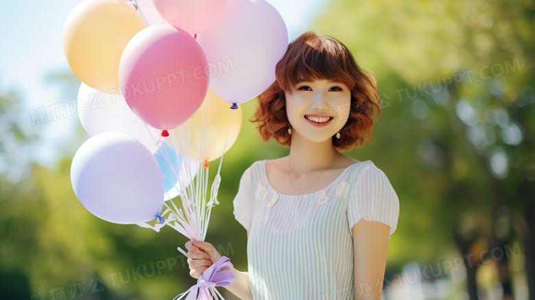 可爱的短发女孩拿着彩色气球开心的笑特写图片