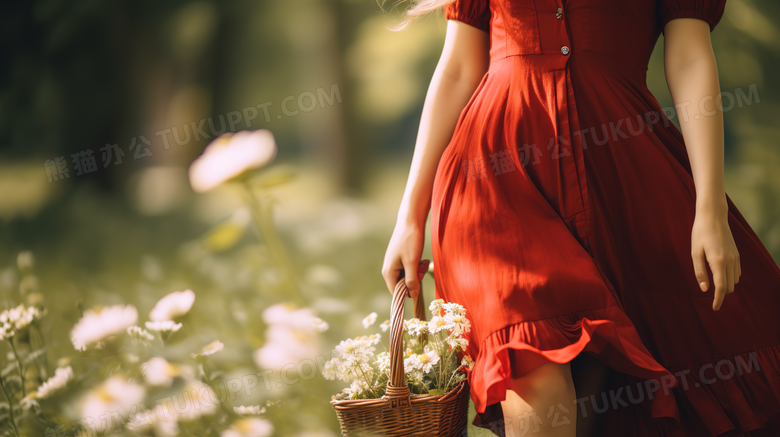 花园中穿着红色连衣裙的女生特写图片