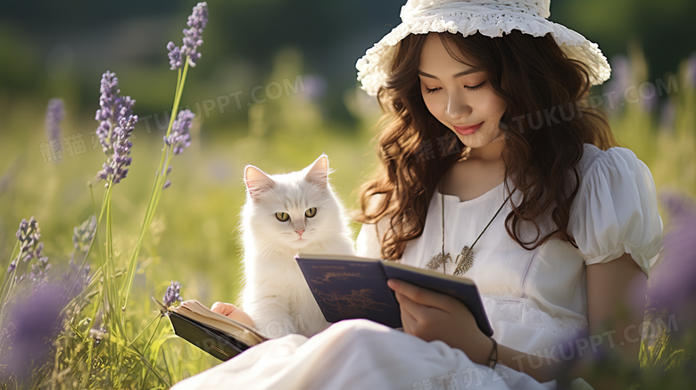 女孩和猫坐在公园的草坪上看书