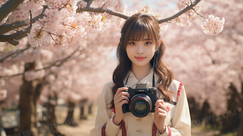春天樱花树下拿着相机的美丽女孩特写图片
