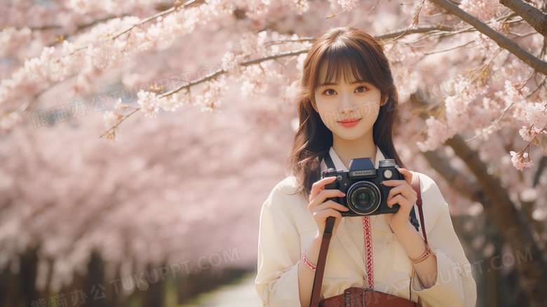春天樱花树下拿着相机的美丽女孩特写图片
