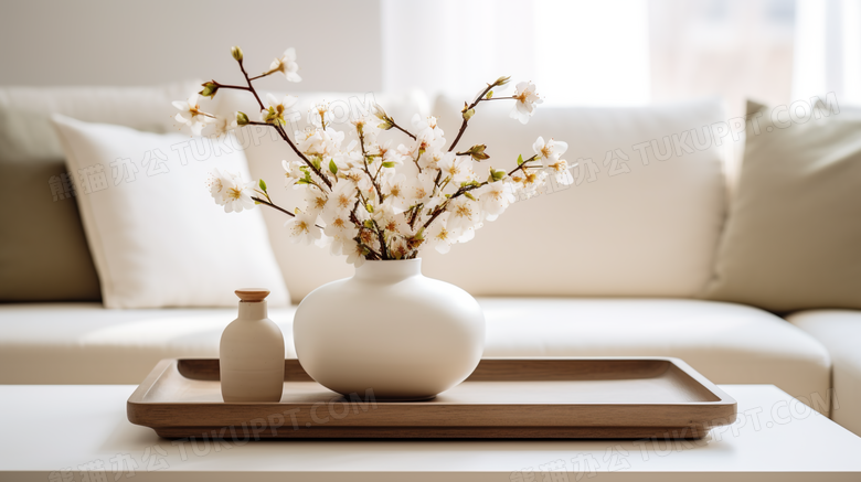 新中式茶几上的花瓶摄影图