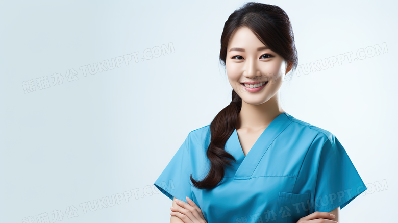 穿着蓝色护士工作服的女性护士人物特写图片