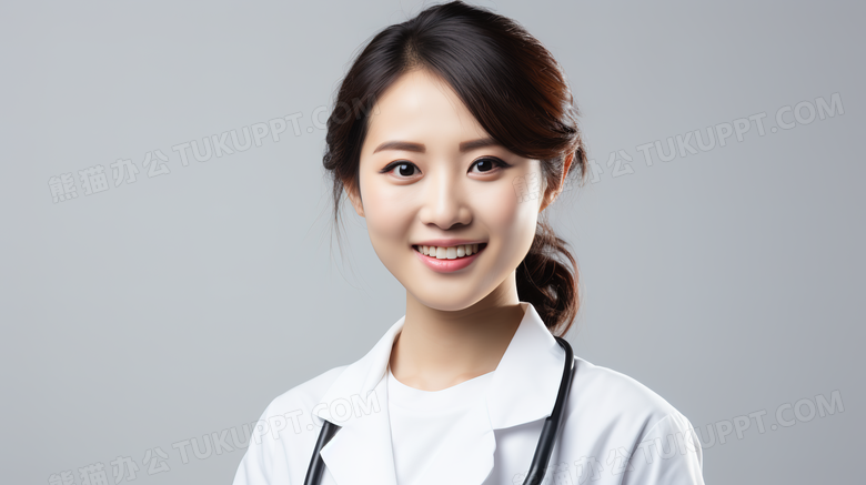 穿着白色医生工作服微笑的女性医生人物特写图片