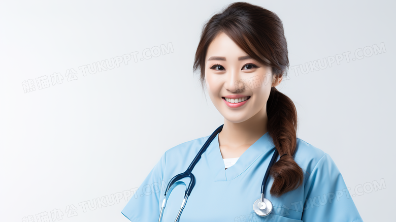 穿着蓝色护士工作服的女性护士人物特写图片