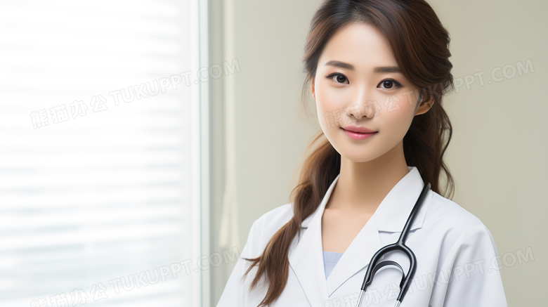 穿着白色医生工作服微笑的女性医生人物特写图片