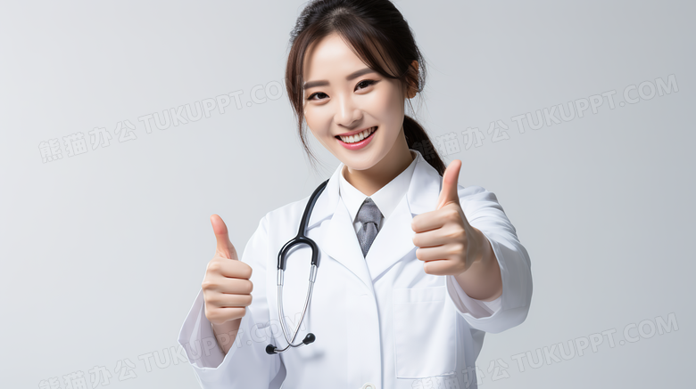 穿着白色工作服的女医生开心的做出点赞的动作特写图片