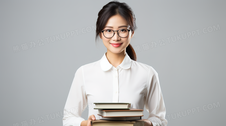 穿着白衬衫抱着书的女老师微笑看着前方人物特写图片