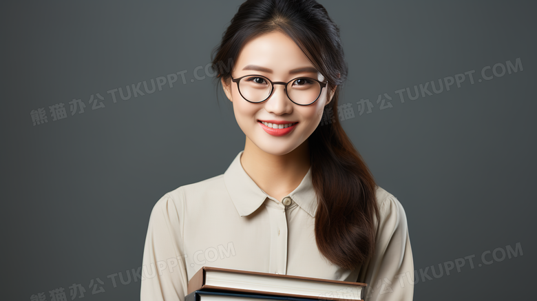 穿着白衬衫抱着书的女老师微笑看着前方人物特写图片