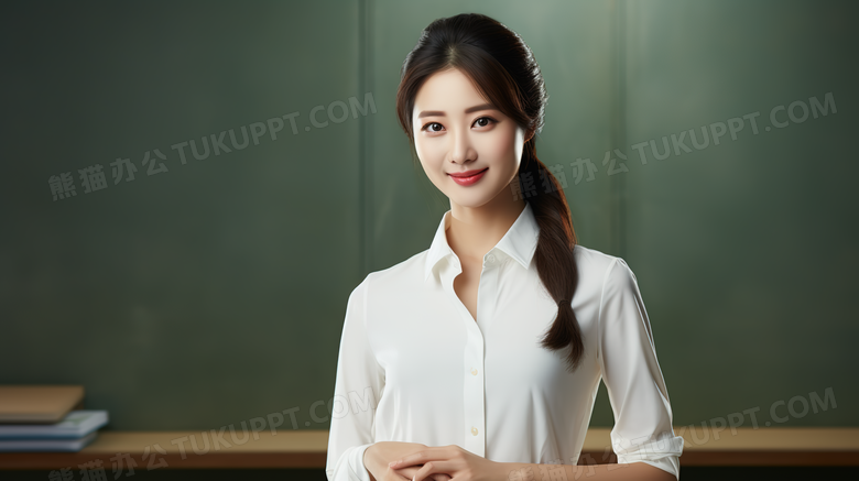 穿着白衬衫的女老师在黑板前上课人物特写图片