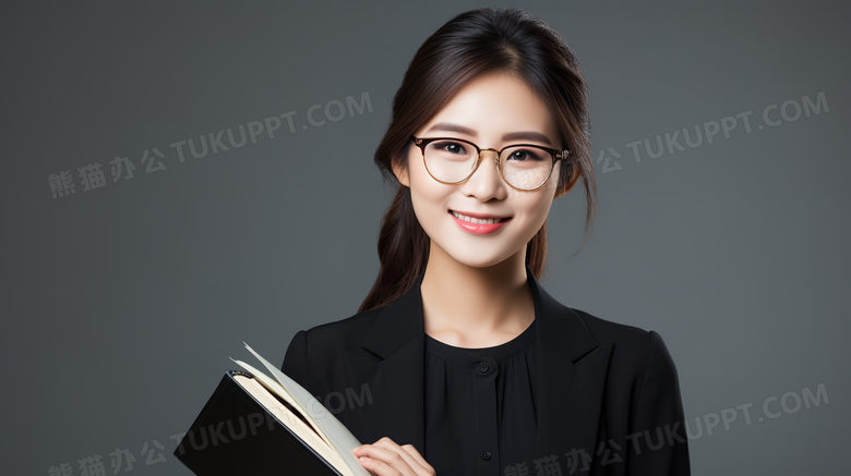 穿着黑色西装抱着书微笑看着前方的女老师人物特写图片