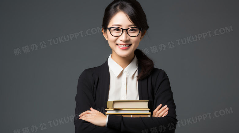 穿着黑色西装抱着书微笑看着前方的女老师人物特写图片