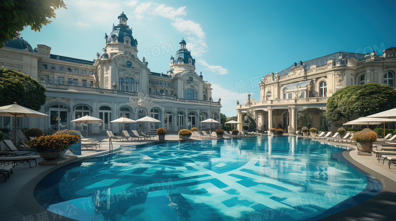 欧洲度假酒店户外游泳池场景图片