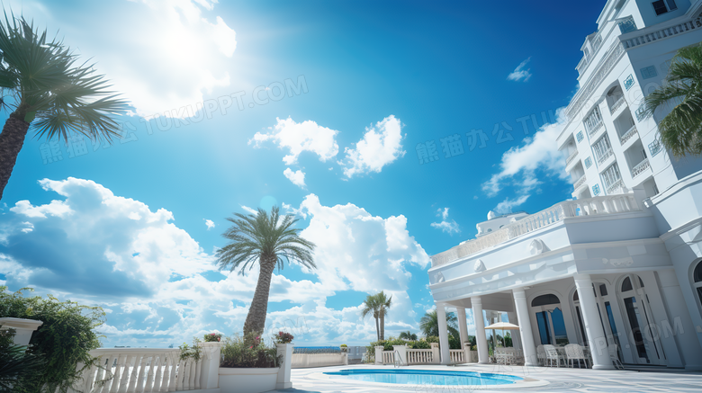 蓝天白云下的高级酒店建筑场景图片