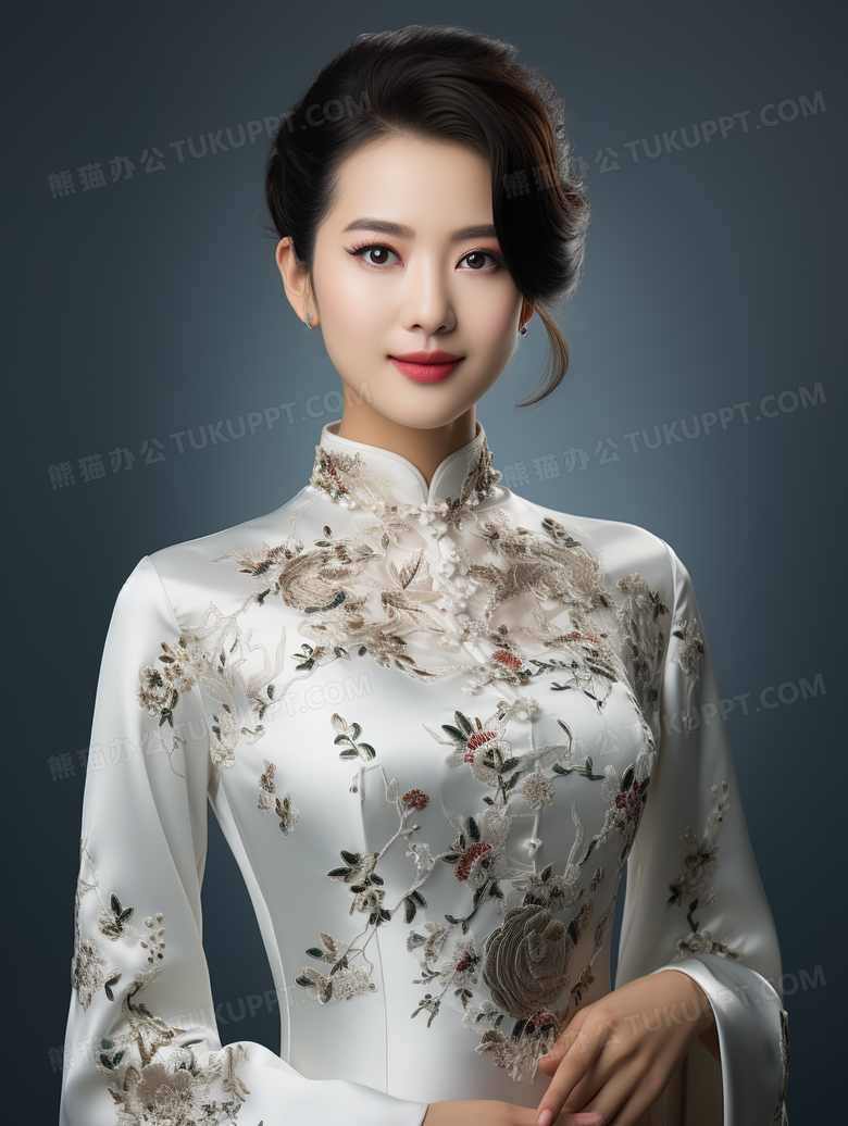 身穿中式改良旗袍礼服的气质美女模特特写图片