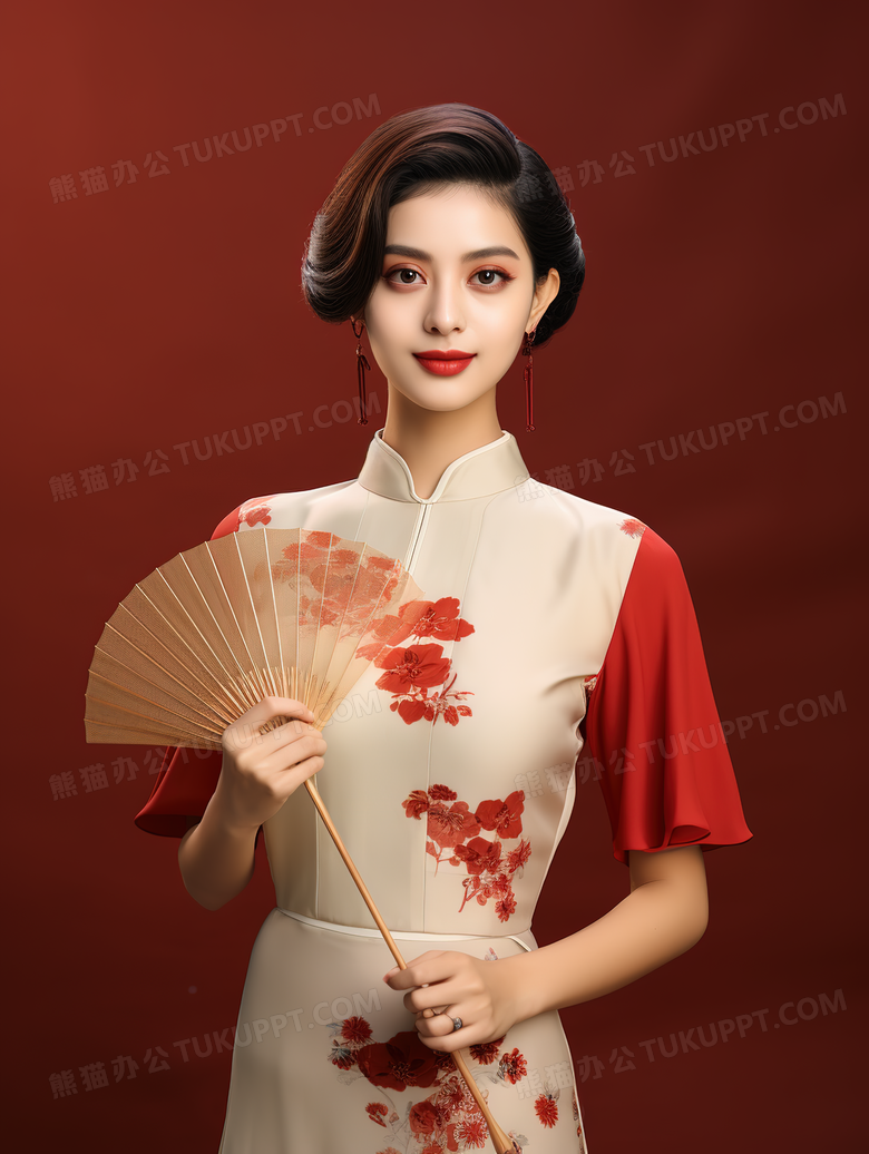 身穿中式改良旗袍礼服的气质美女模特特写图片