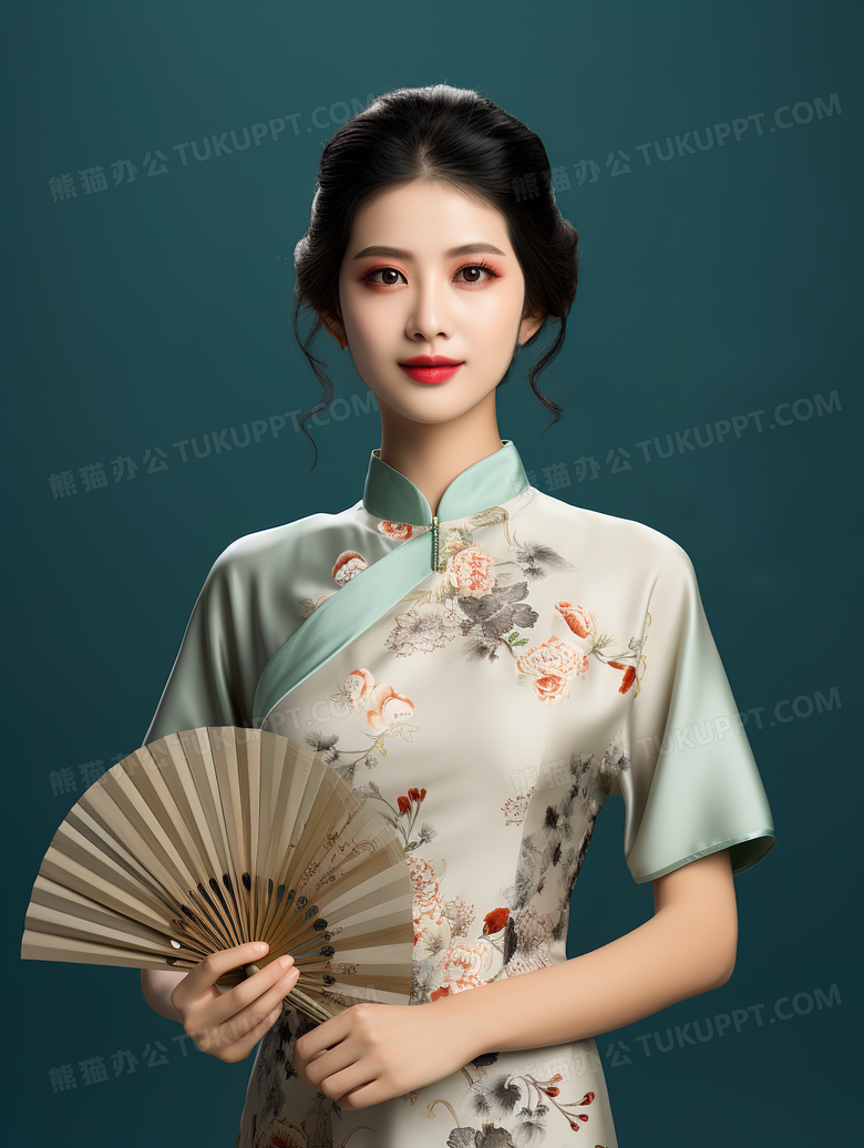 身穿中式改良旗袍礼服的气质美女模特特写图片