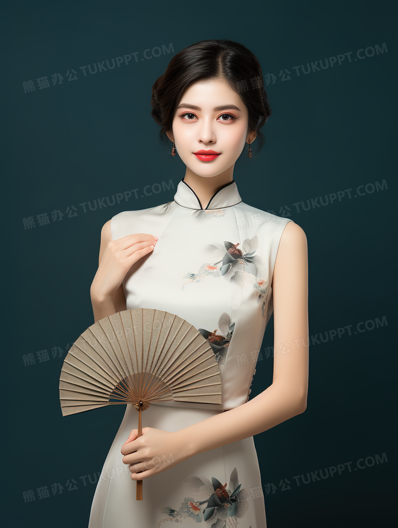 身穿中式改良旗袍礼服的气质美女模特特写图片