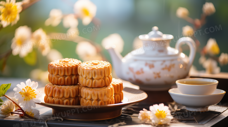 下午茶摆放在精美盘子里的月饼特写图片