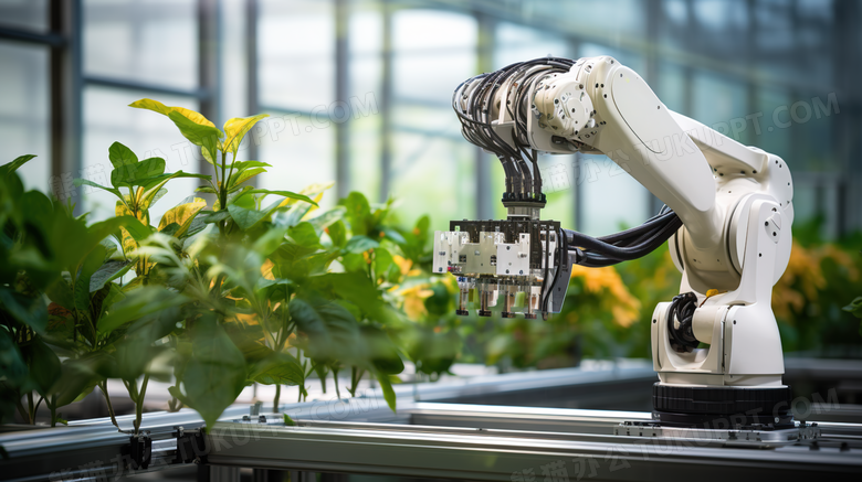 培育绿植的智能机械手臂科技感摄影图