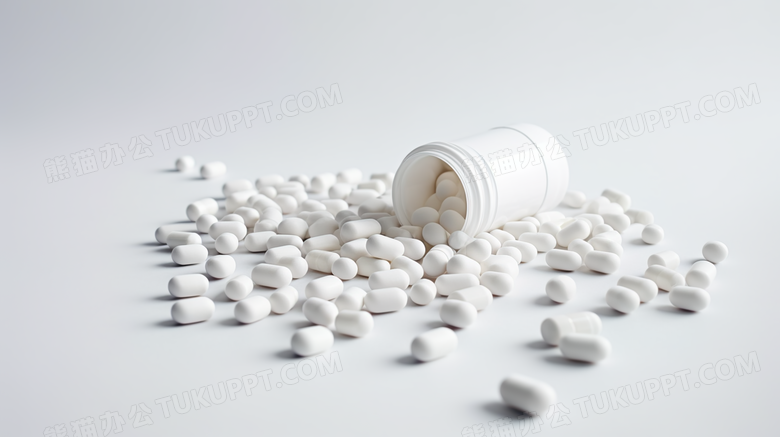 白色药瓶里倒出来的白色药丸摄影图