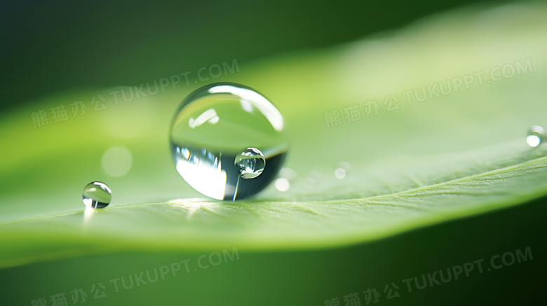 绿色树叶上的水滴简约清新摄影图