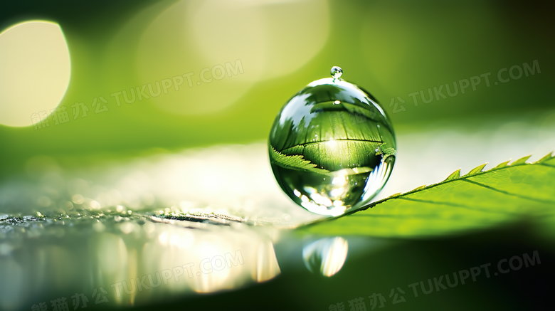 绿色树叶上的水滴简约清新摄影图