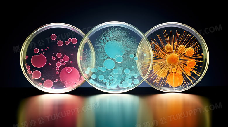 细菌培育皿中的彩色菌种摄影图