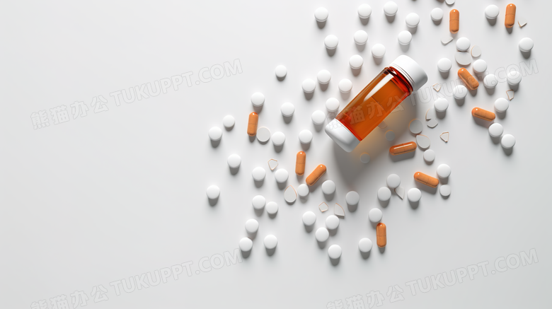 白色背景药瓶中倒出的彩色药丸摄影图