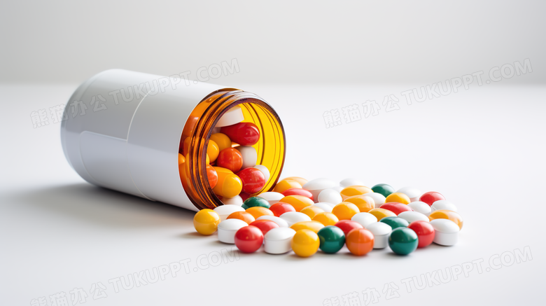 白色背景药瓶中倒出的彩色药丸摄影图