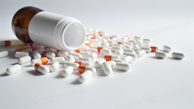 白色背景药瓶中倒出的彩色药丸摄影图