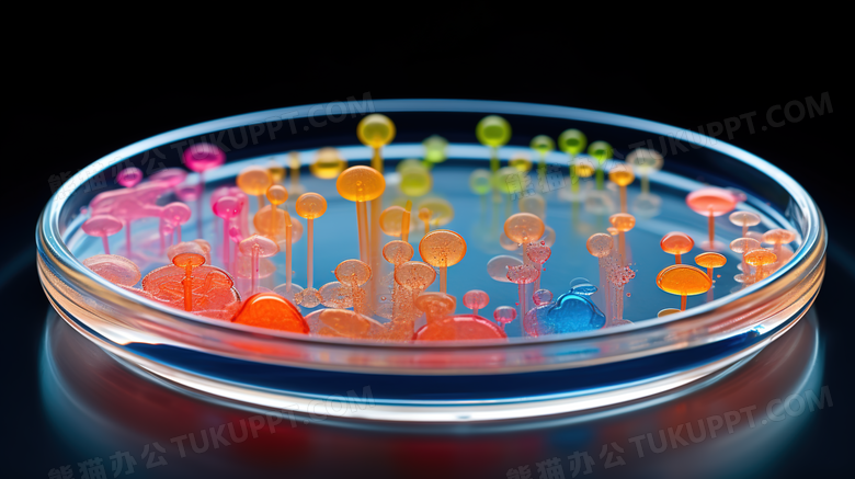 实验室细菌培育皿中的彩色菌种摄影图