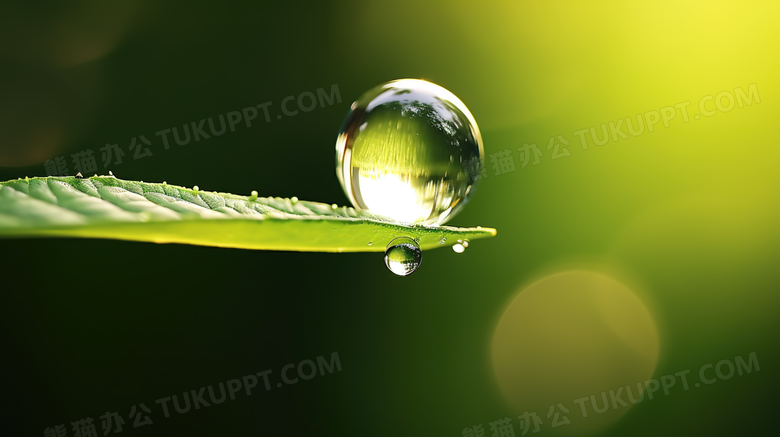 绿色树叶上的透明水滴清新摄影图