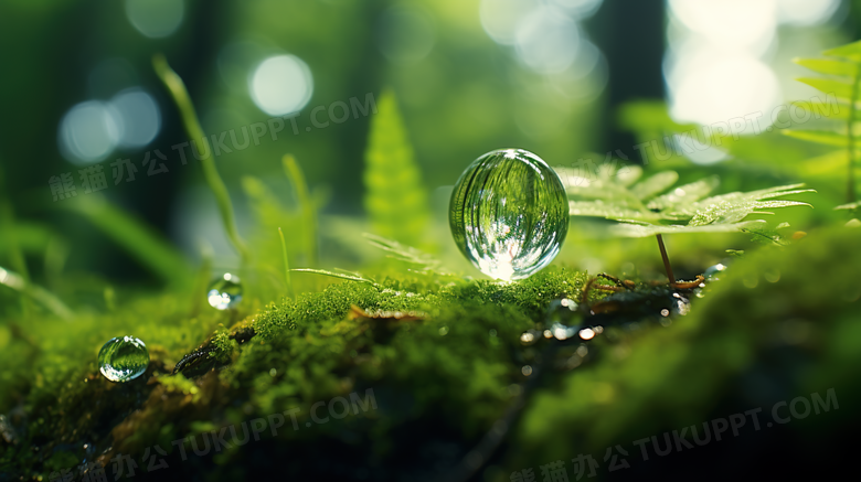 绿色草地上的透明雨水水滴摄影图