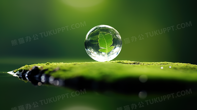 绿色苔藓上的透明雨水水滴摄影图