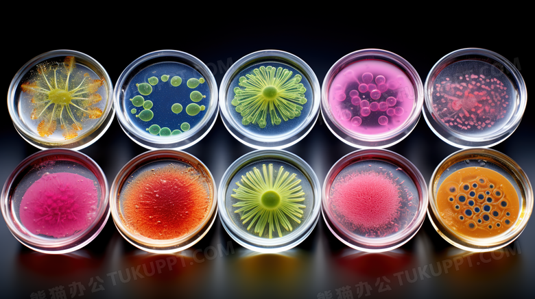 实验室细菌培育皿中的彩色菌种摄影图