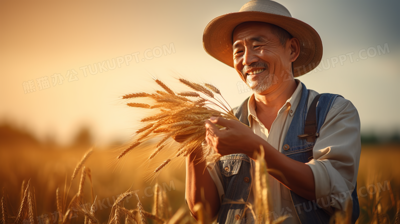 金色麦田里丰收的中国农民摄影图