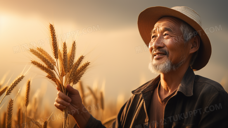 金色麦田里丰收的农民摄影图