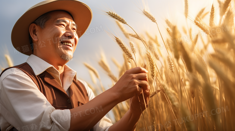 金色麦田里丰收的农民摄影图