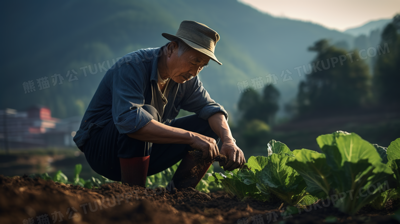 在田地里辛勤栽种蔬菜的农民摄影图